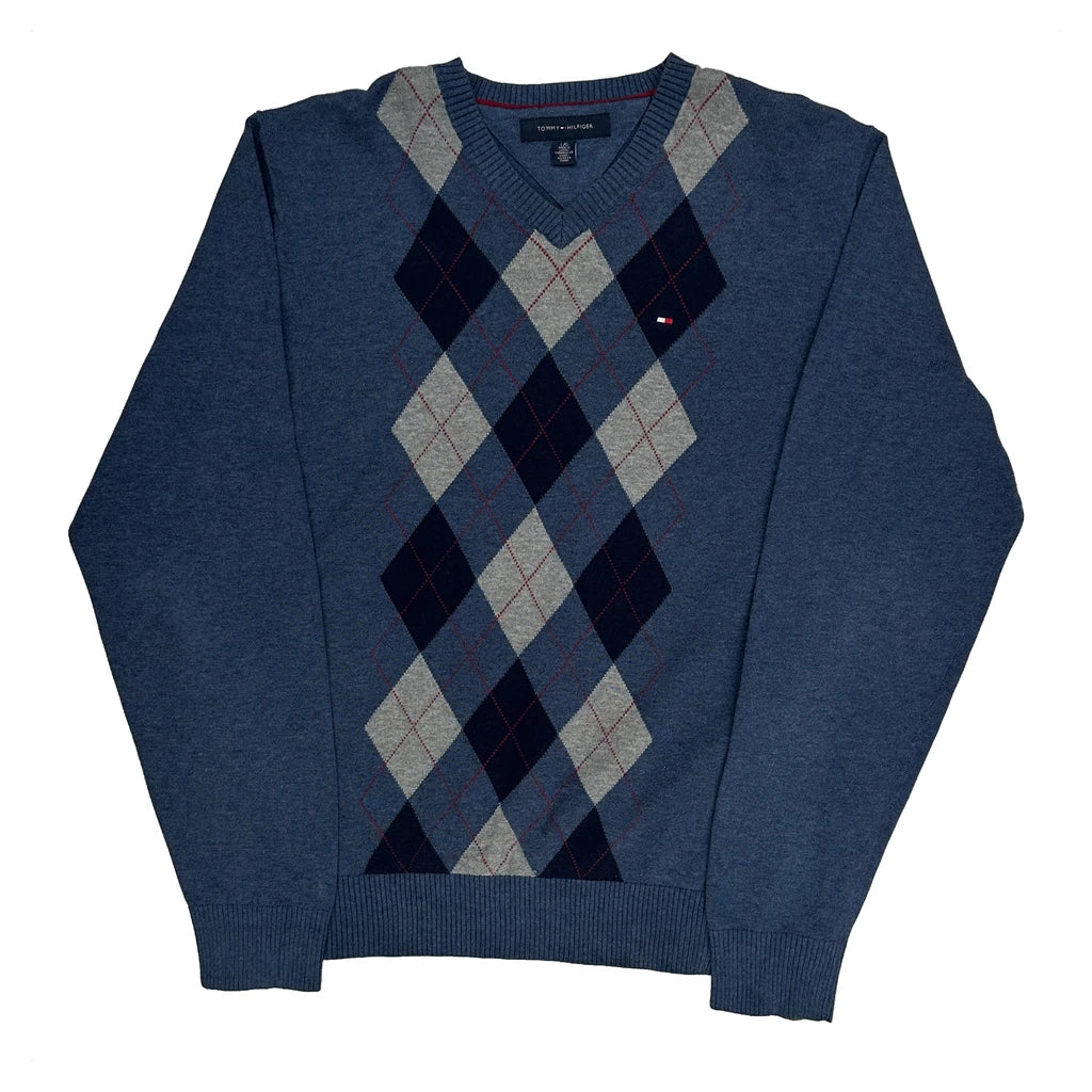 Tommy Hilfiger Argyle Jumper - Large Blue Cotton