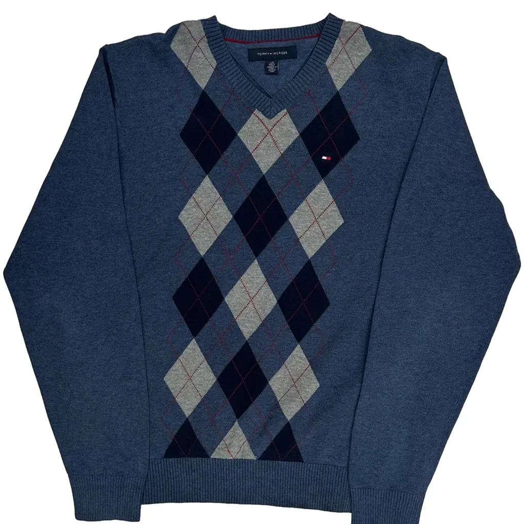 Tommy Hilfiger Argyle Jumper - Large Blue Cotton - Image 5