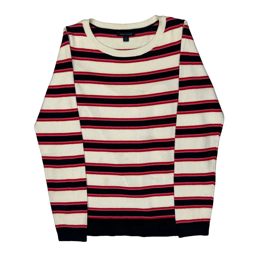 Tommy Hilfiger Striped Jumper - Medium Cream Cotton