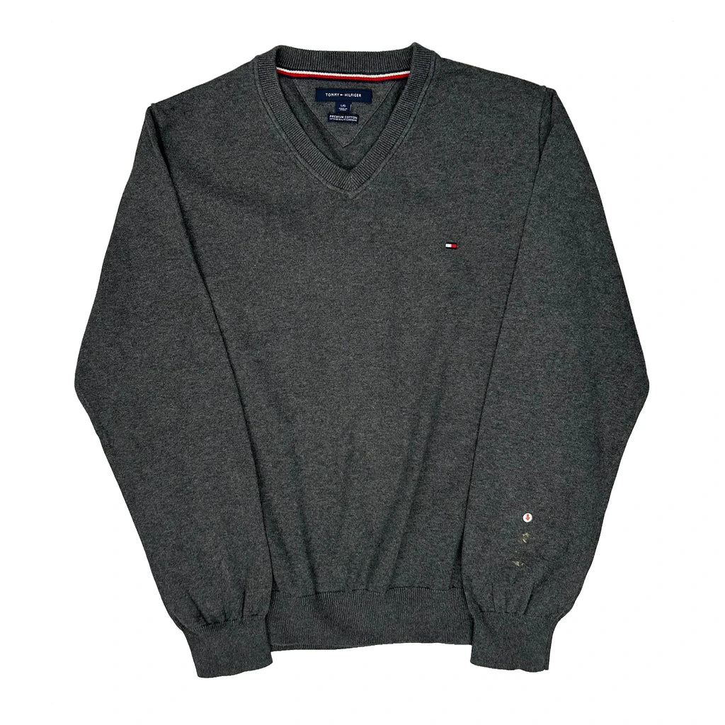 Tommy Hilfiger V-Neck Jumper - Large Grey Cotton