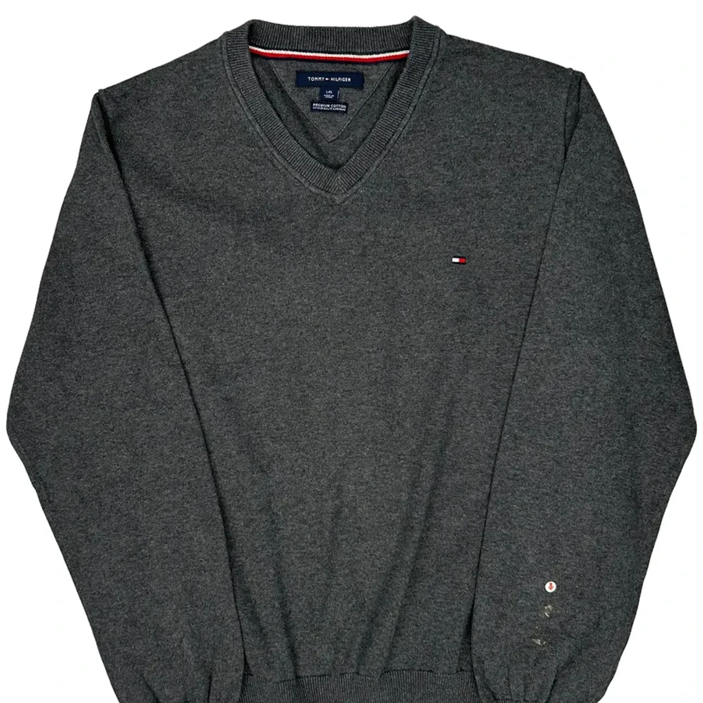 Tommy Hilfiger V-Neck Jumper - Large Grey Cotton - Image 5