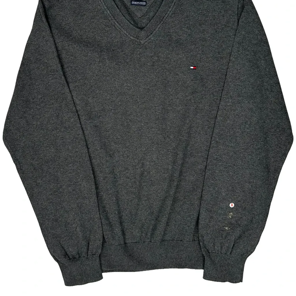 Tommy Hilfiger V-Neck Jumper - Large Grey Cotton - Image 6