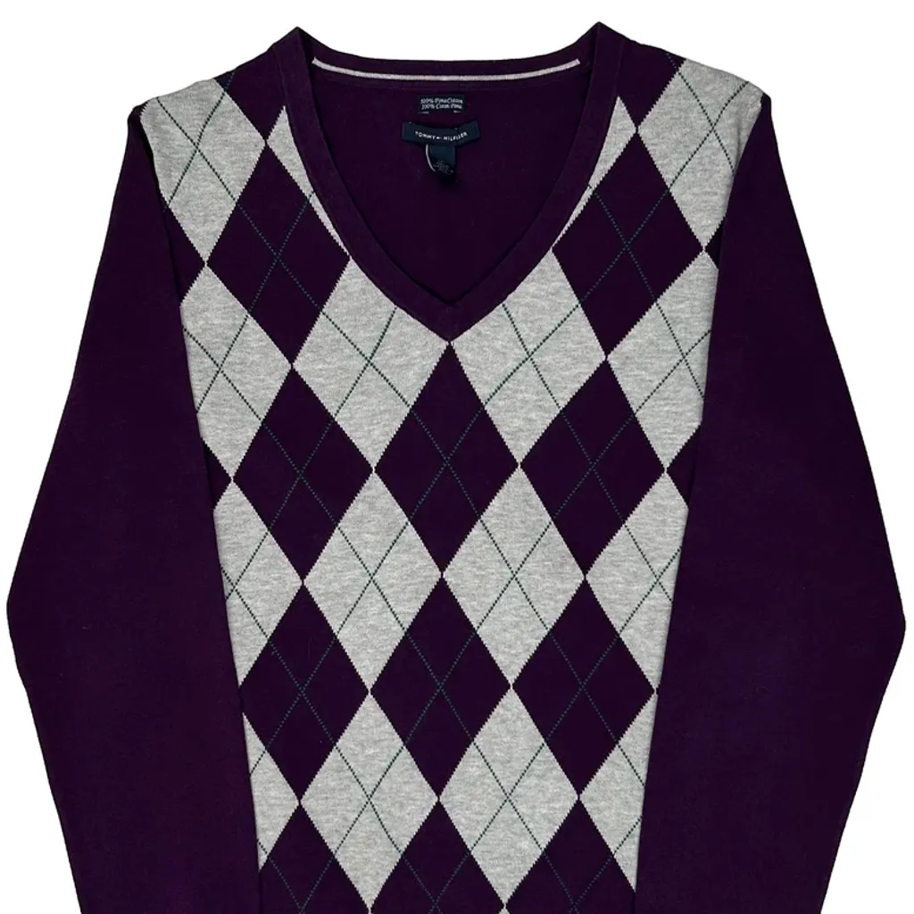 Tommy Hilfiger Argyle Jumper - Large Purple Cotton - Image 4