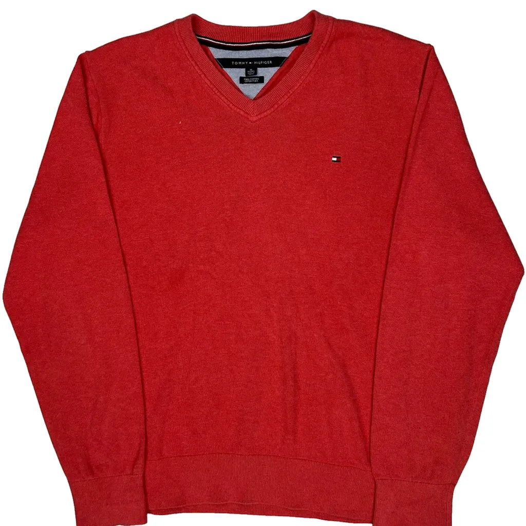 Tommy Hilfiger V-Neck Jumper - XL Red Cotton - Image 4