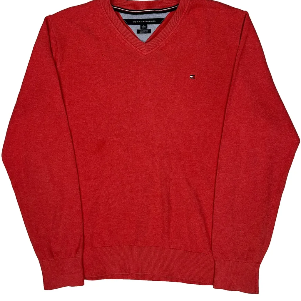 Tommy Hilfiger V-Neck Jumper - XL Red Cotton - Image 5
