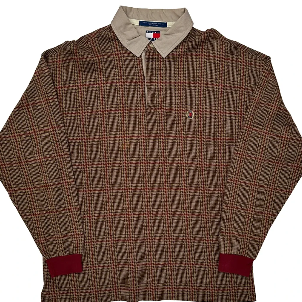 Tommy Hilfiger Checked Long Sleeve Polo Shirt - XL Brown Cotton - Image 4