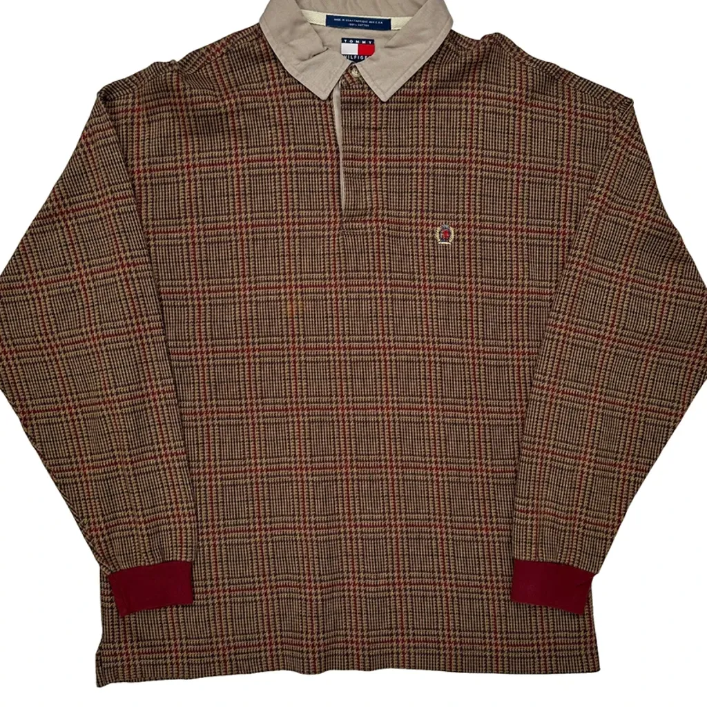 Tommy Hilfiger Checked Long Sleeve Polo Shirt - XL Brown Cotton - Image 5