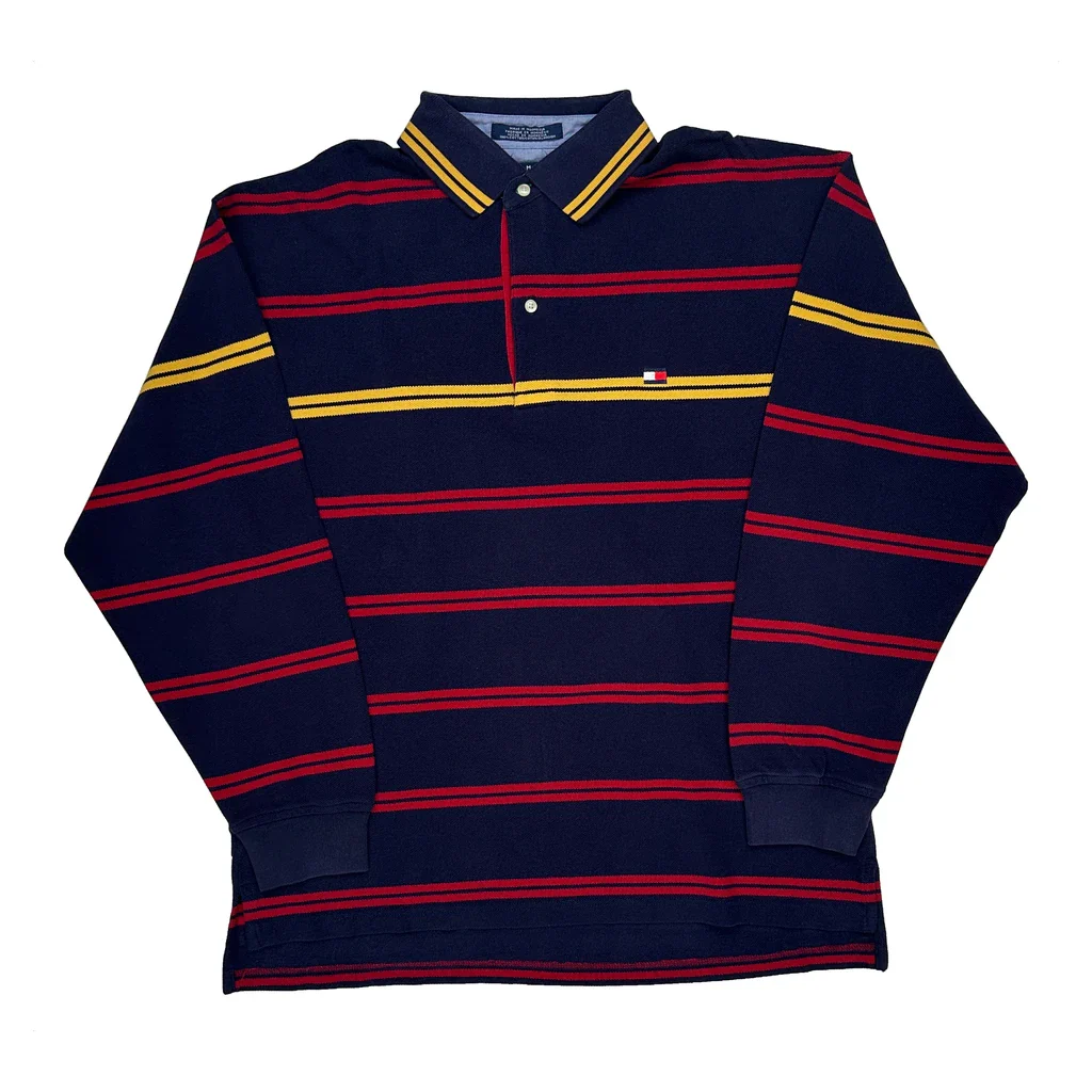Tommy Hilfiger Striped Long Sleeve Polo Shirt - Large Navy Cotton