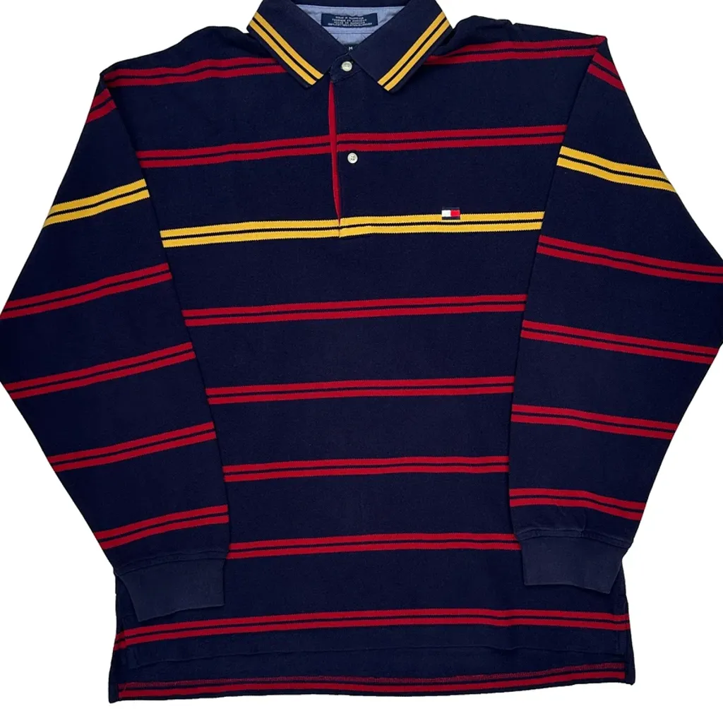 Tommy Hilfiger Striped Long Sleeve Polo Shirt - Large Navy Cotton - Image 4