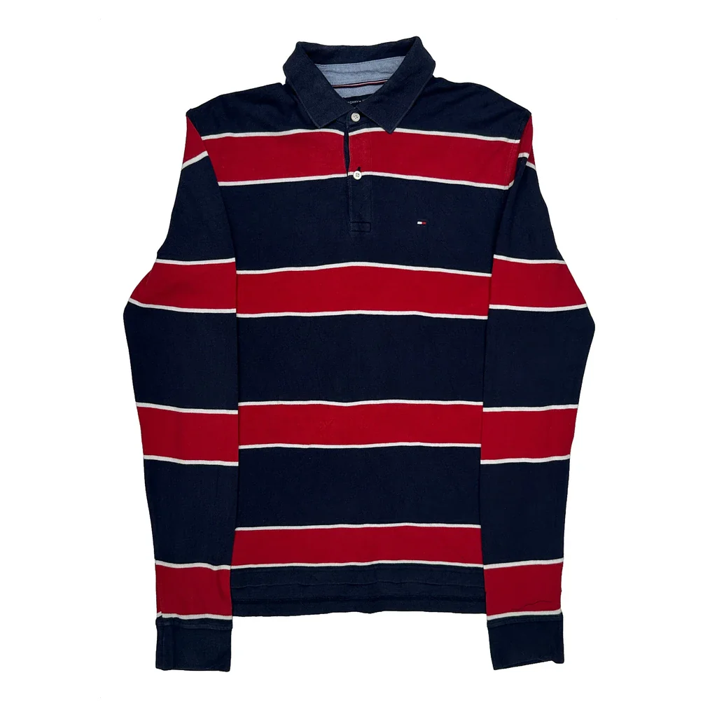 Tommy Hilfiger Striped Long Sleeve Polo Shirt - Medium Navy Cotton