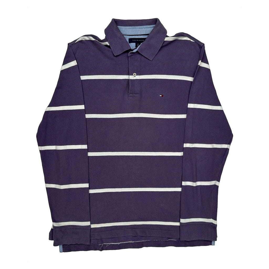 Tommy Hilfiger Striped Long Sleeve Polo Shirt - Large Purple Cotton