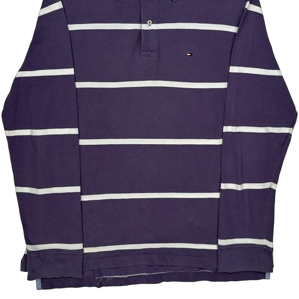 Tommy Hilfiger Striped Long Sleeve Polo Shirt - Large Purple Cotton - Image 4
