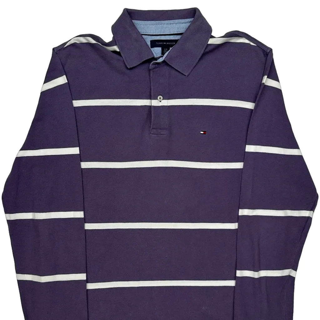 Tommy Hilfiger Striped Long Sleeve Polo Shirt - Large Purple Cotton - Image 5