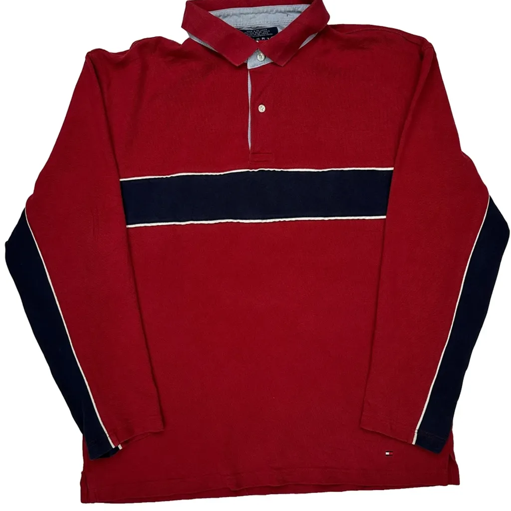 Tommy Hilfiger Striped Long Sleeve Polo Shirt - XL Red Cotton - Image 4