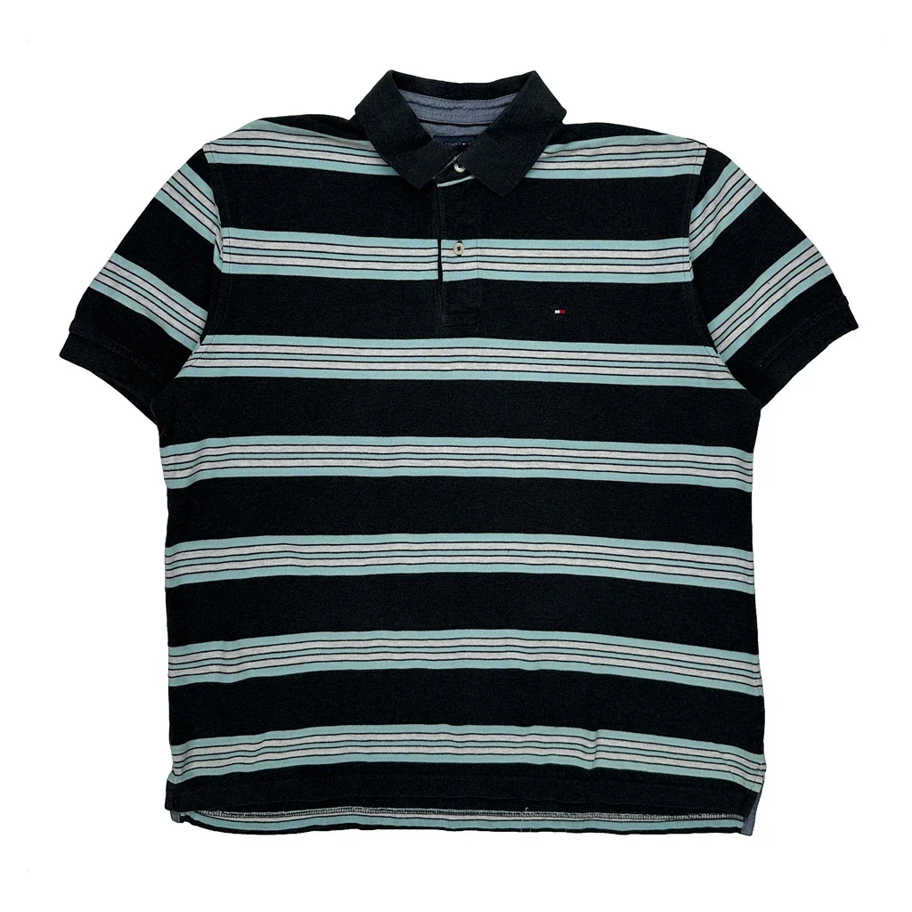 Tommy Hilfiger Striped Polo Shirt - Large Black Cotton