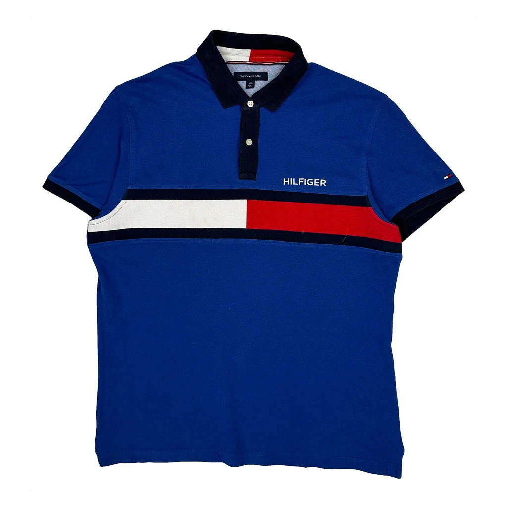 Tommy Hilfiger Striped Polo Shirt - Large Blue Cotton