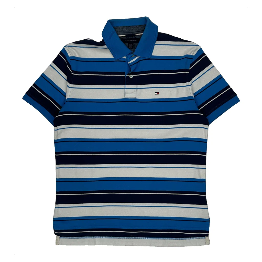 Tommy Hilfiger Striped Polo Shirt - Medium Blue Cotton