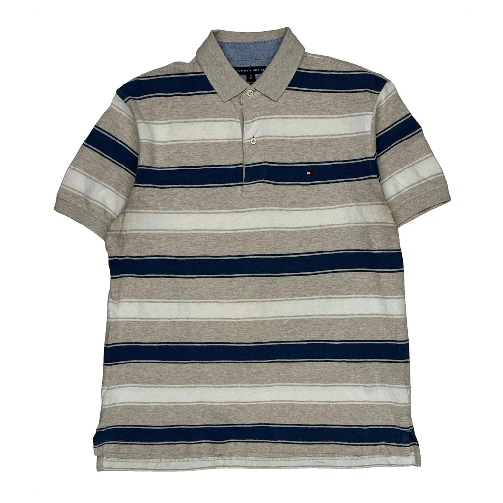 Tommy Hilfiger Striped Polo Shirt - Medium Blue Cotton