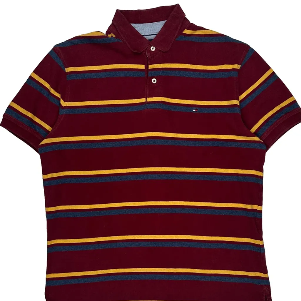 Tommy Hilfiger Striped Polo Shirt - Large Burgundy Cotton - Image 5