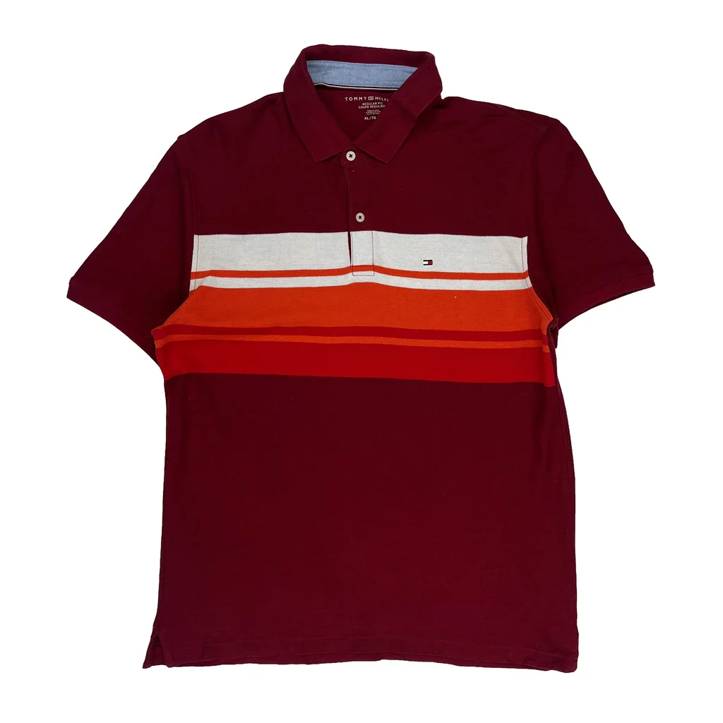 Tommy Hilfiger Striped Polo Shirt - XL Burgundy Cotton