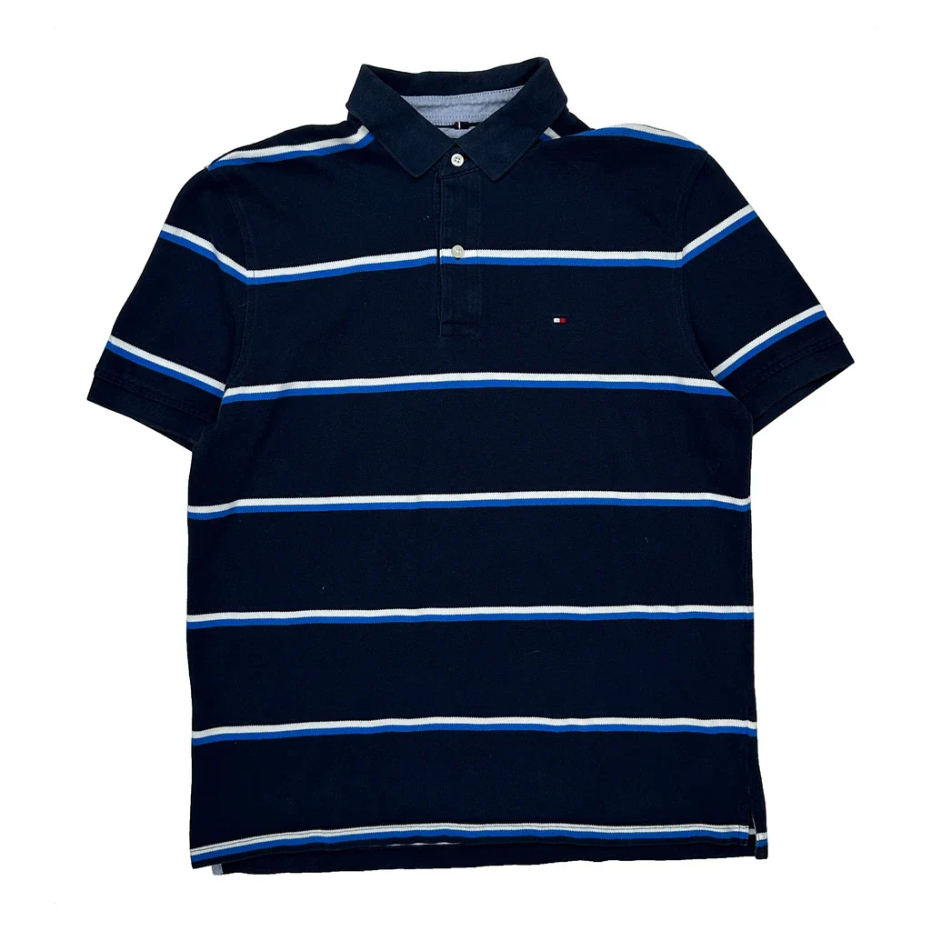 Tommy Hilfiger Striped Polo Shirt - Large Navy Cotton