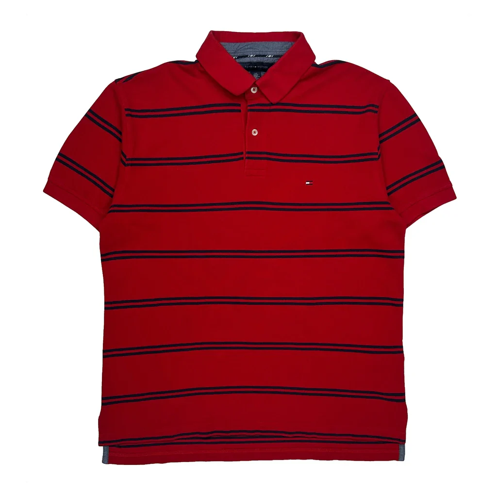 Tommy Hilfiger Striped Polo Shirt - Large Red Cotton