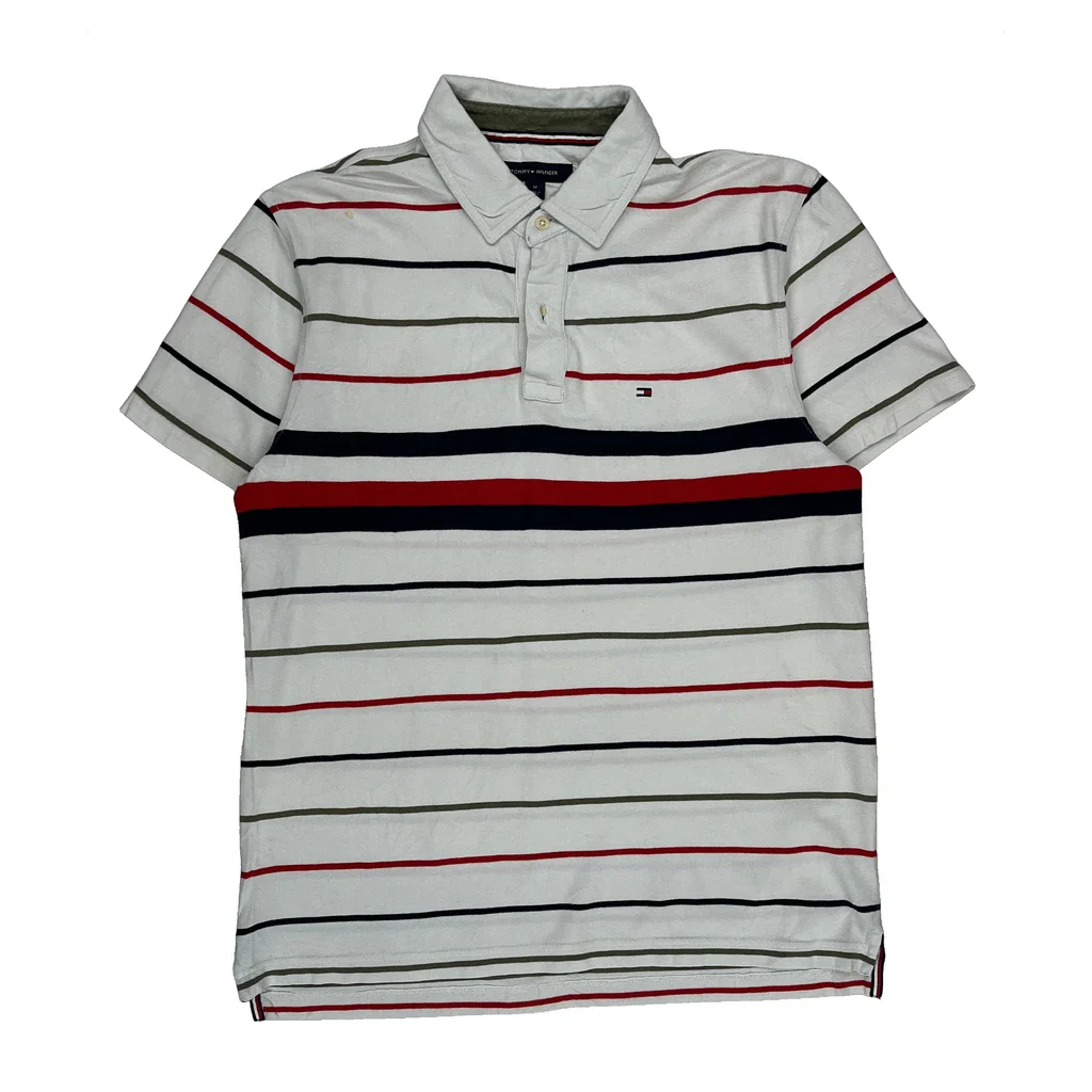 Tommy Hilfiger Striped Polo Shirt - Medium White Cotton