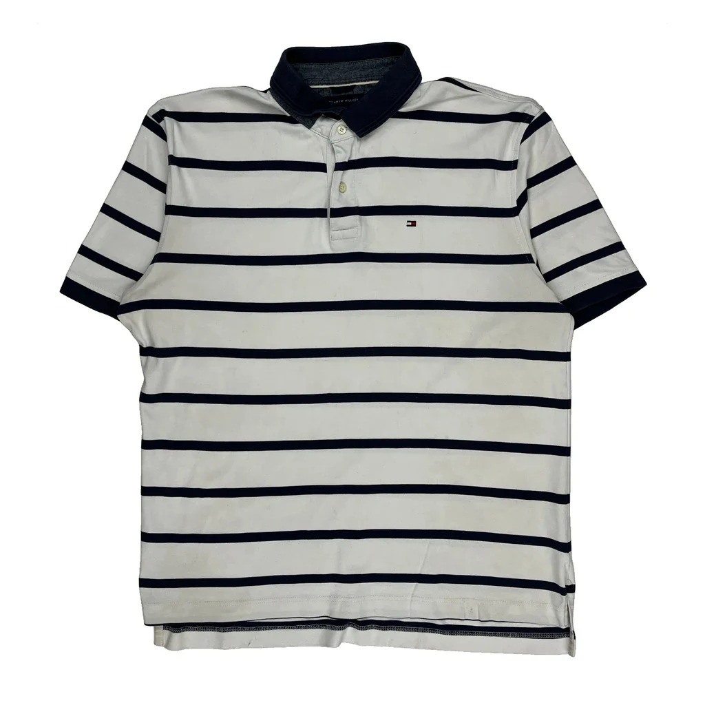 Tommy Hilfiger Striped Polo Shirt - XL White Cotton