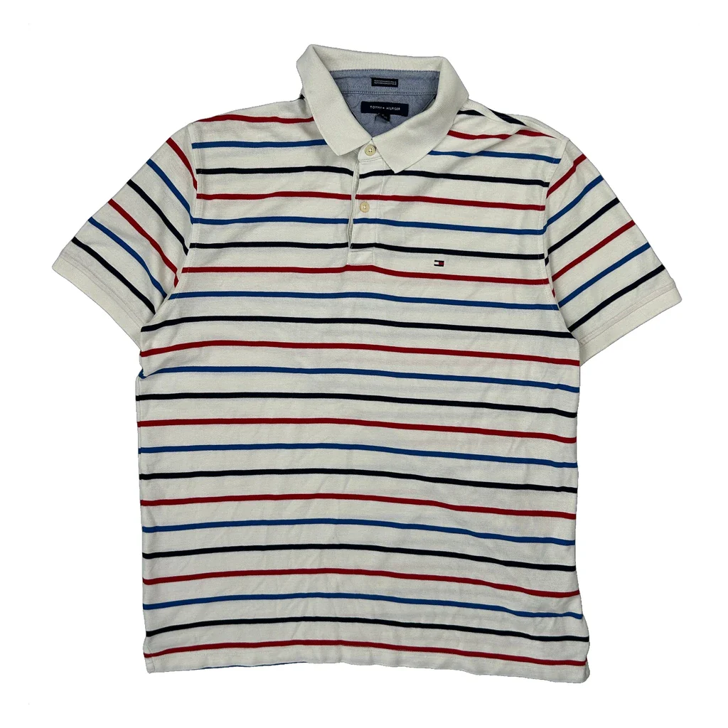 Tommy Hilfiger Striped Polo Shirt - XL White Cotton