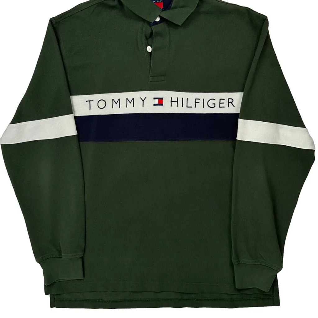 Tommy Hilfiger Spellout Rugby Shirt - Large Green Cotton - Image 5