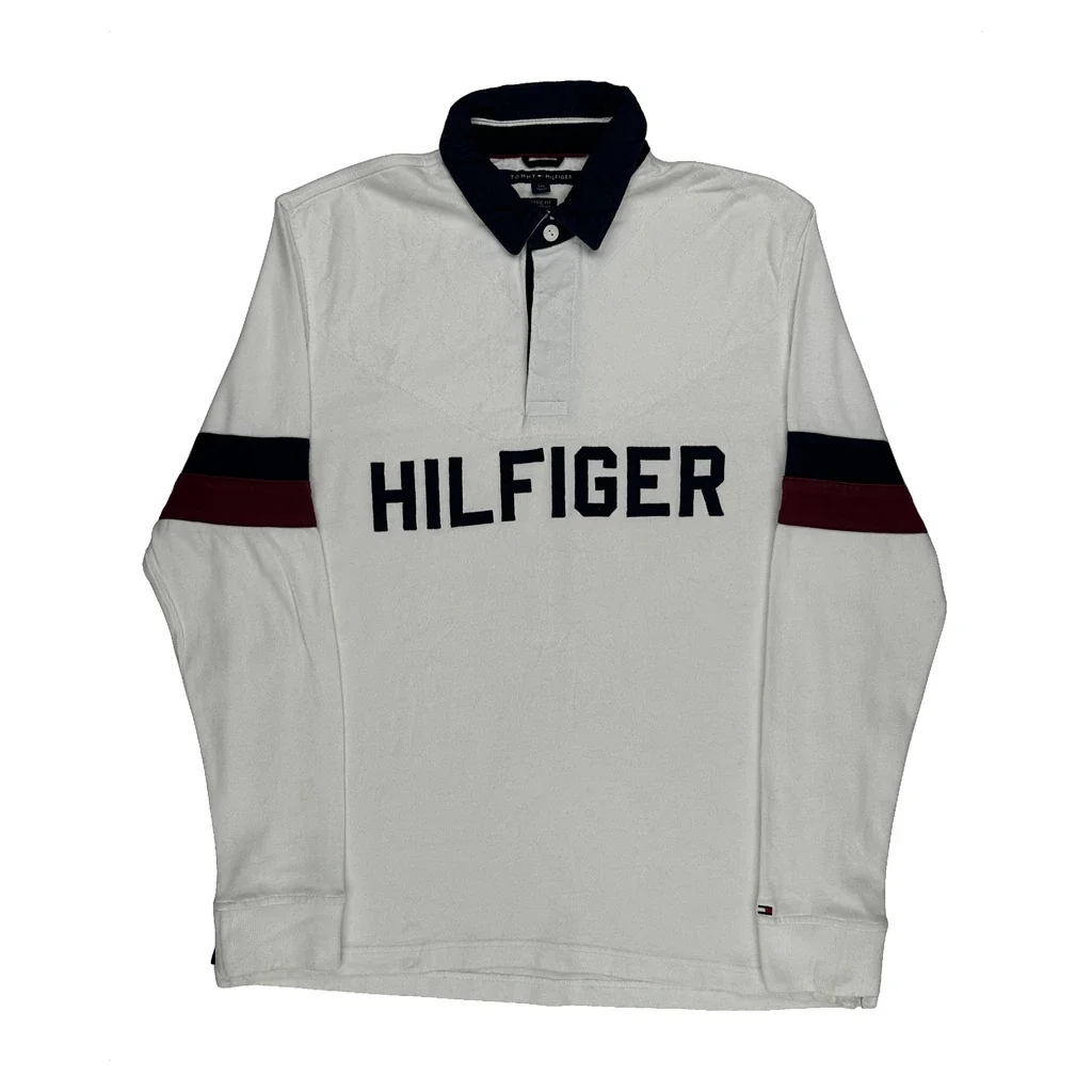Tommy Hilfiger Spellout Rugby Shirt - Large White Cotton