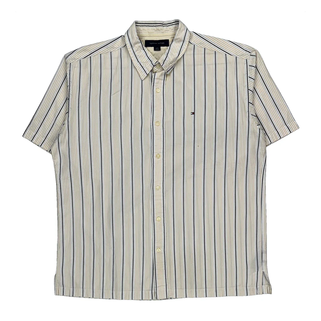Tommy Hilfiger Striped Short Sleeve Shirt - Large Beige Cotton