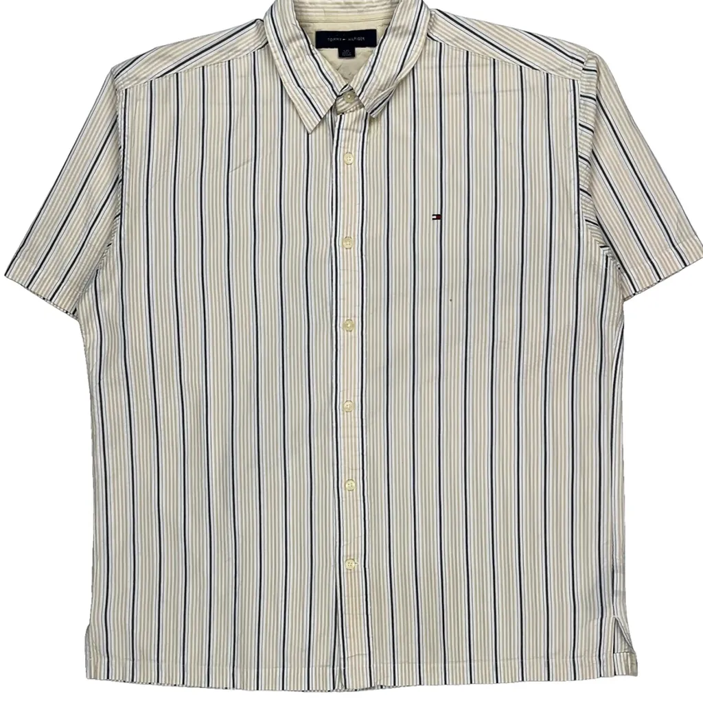 Tommy Hilfiger Striped Short Sleeve Shirt - Large Beige Cotton - Image 4