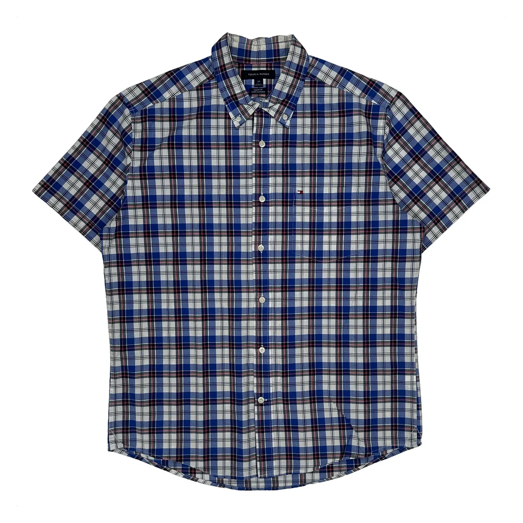 Tommy Hilfiger Checked Short Sleeve Shirt - Large Blue Cotton