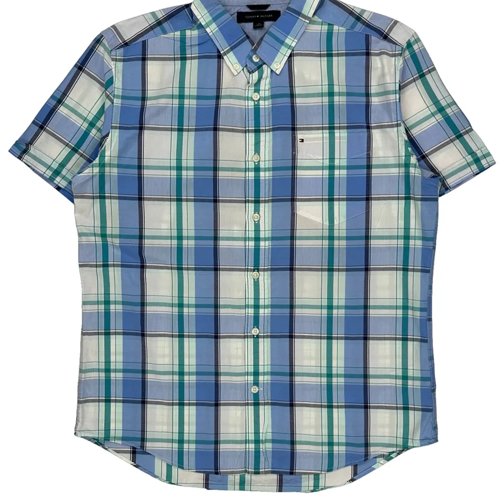 Tommy Hilfiger Checked Short Sleeve Shirt - Large Blue Cotton - Image 5