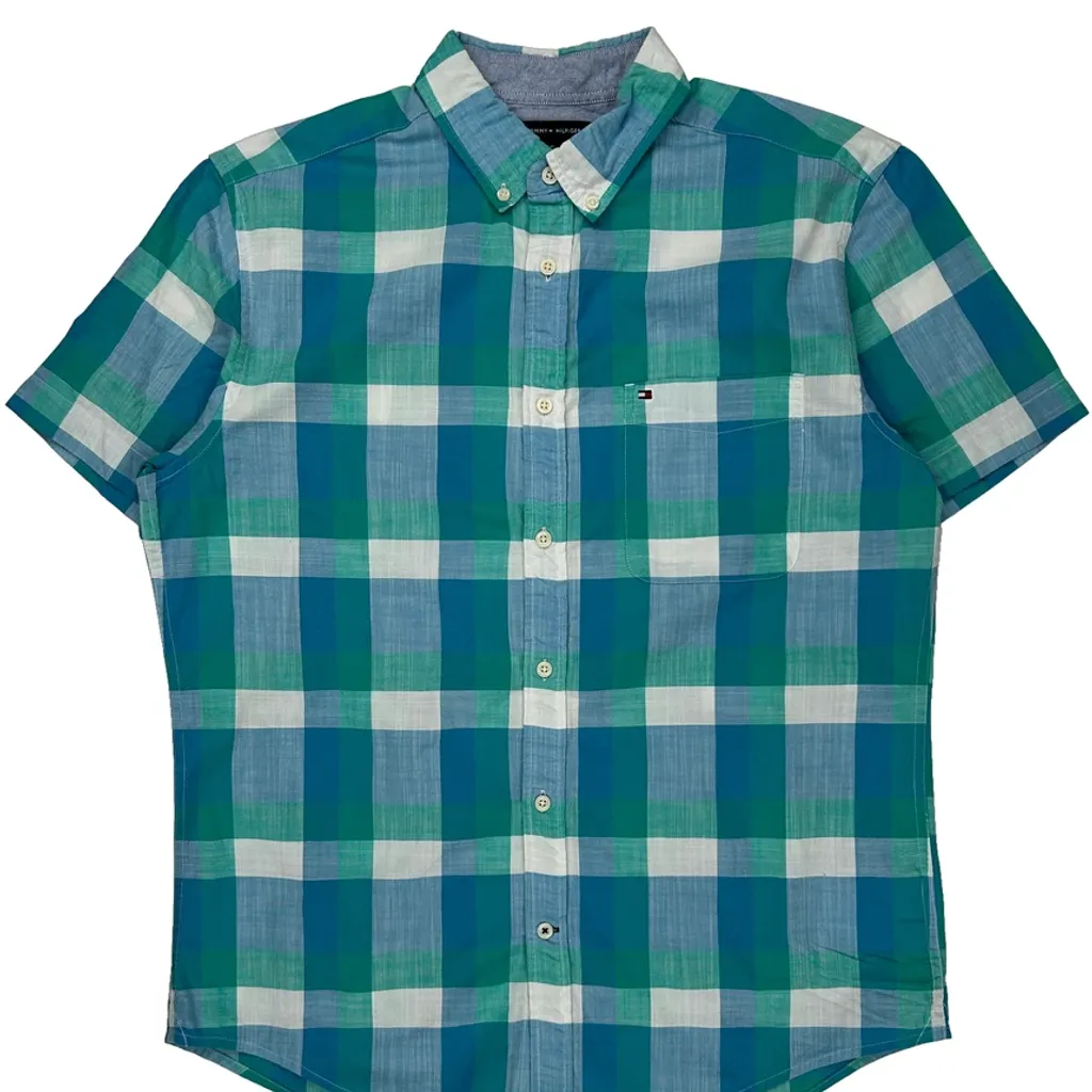 Tommy Hilfiger Checked Short Sleeve Shirt - Large Blue Cotton - Image 4