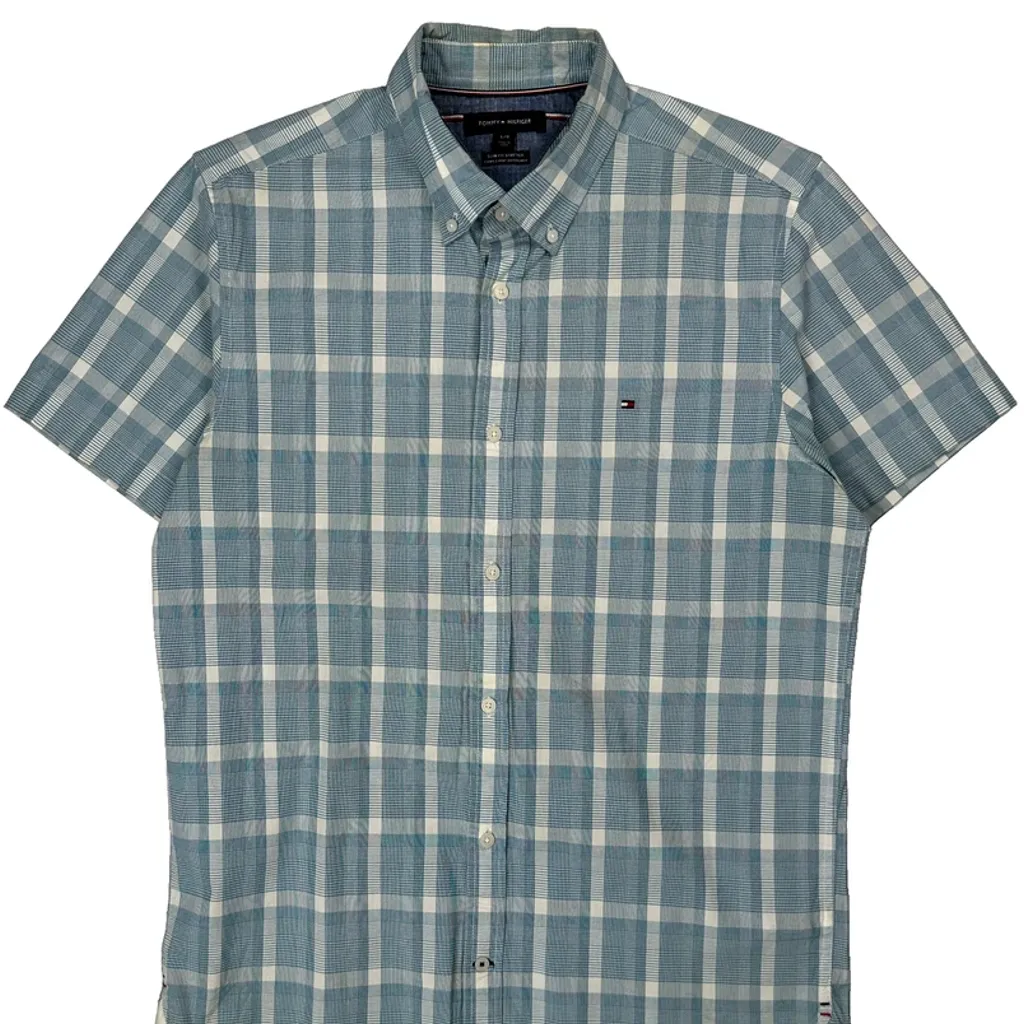 Tommy Hilfiger Checked Short Sleeve Shirt - Large Blue Cotton - Image 5