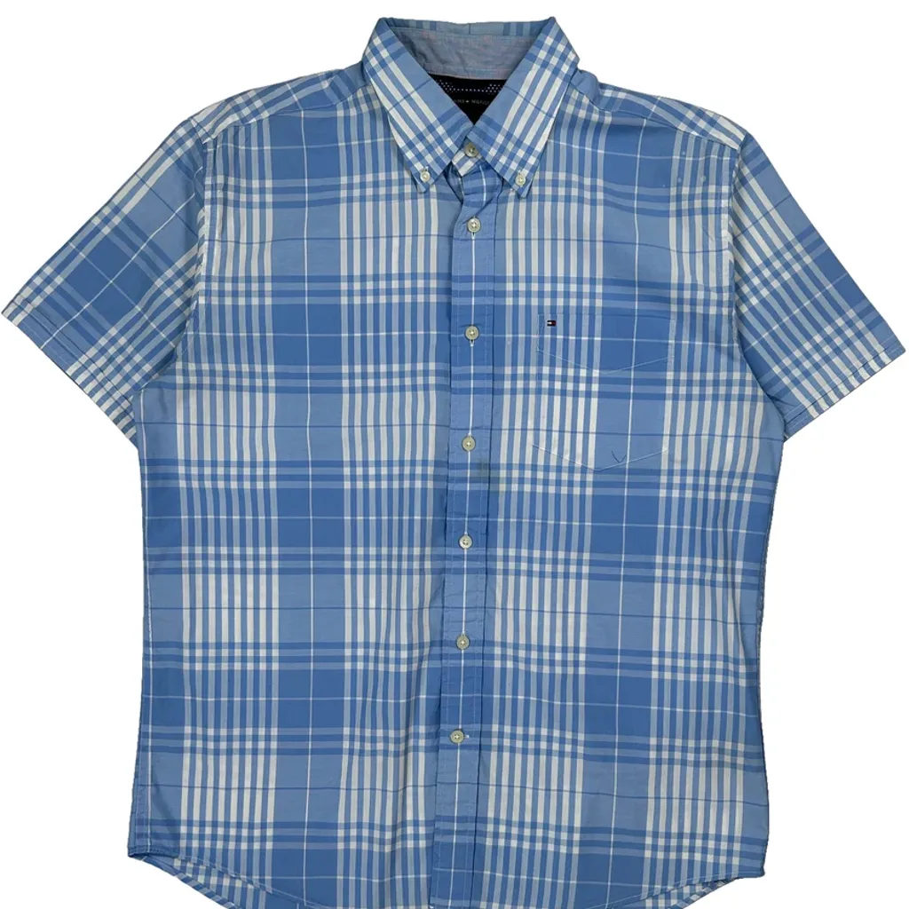 Tommy Hilfiger Checked Short Sleeve Shirt - Large Blue Cotton - Image 4