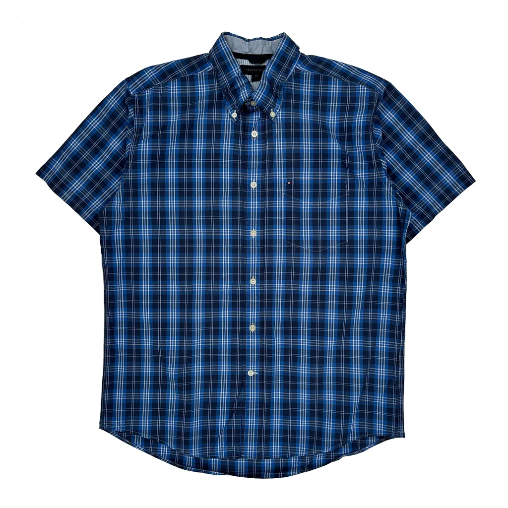 Tommy Hilfiger Checked Short Sleeve Shirt - Large Blue Cotton