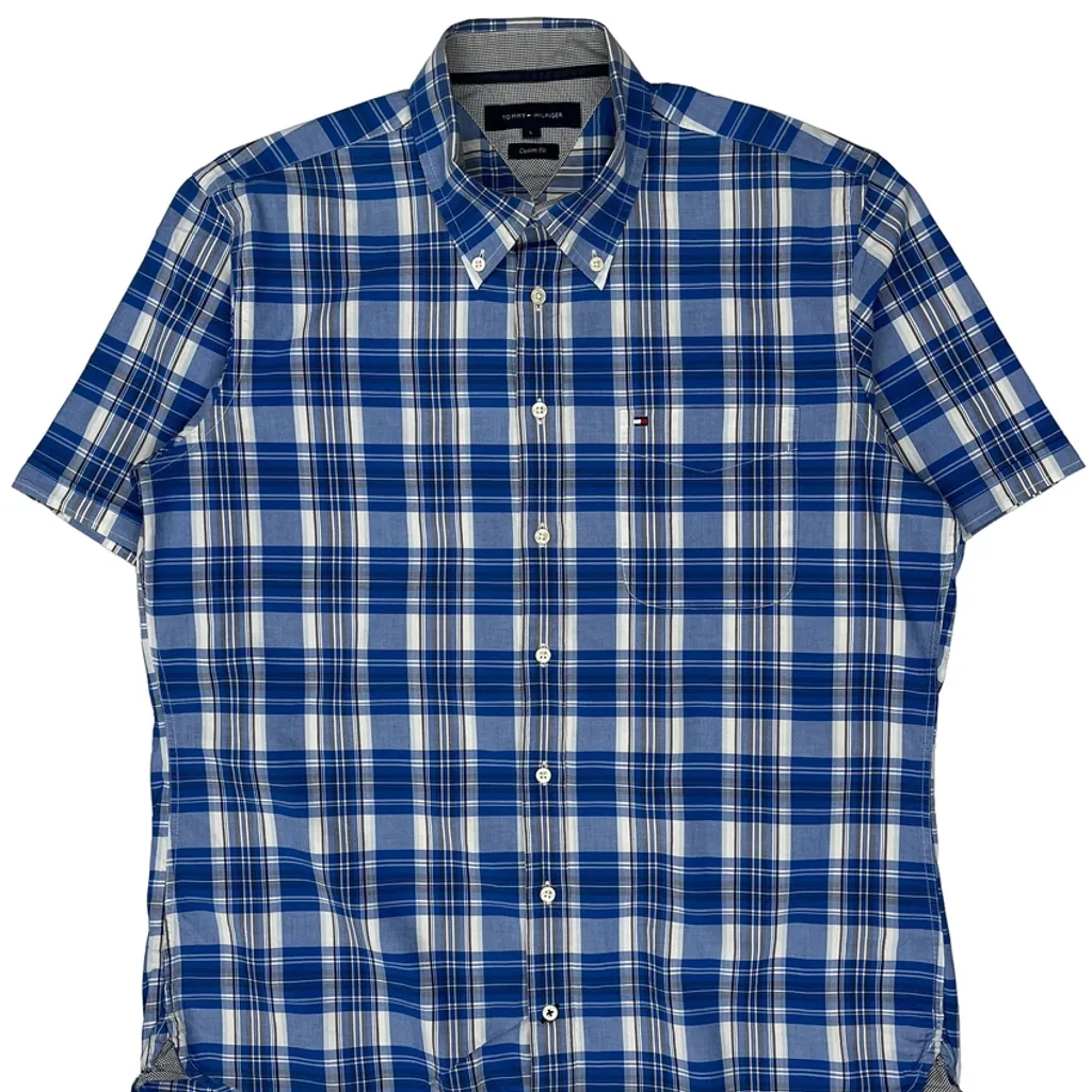 Tommy Hilfiger Checked Short Sleeve Shirt - Large Blue Cotton - Image 5
