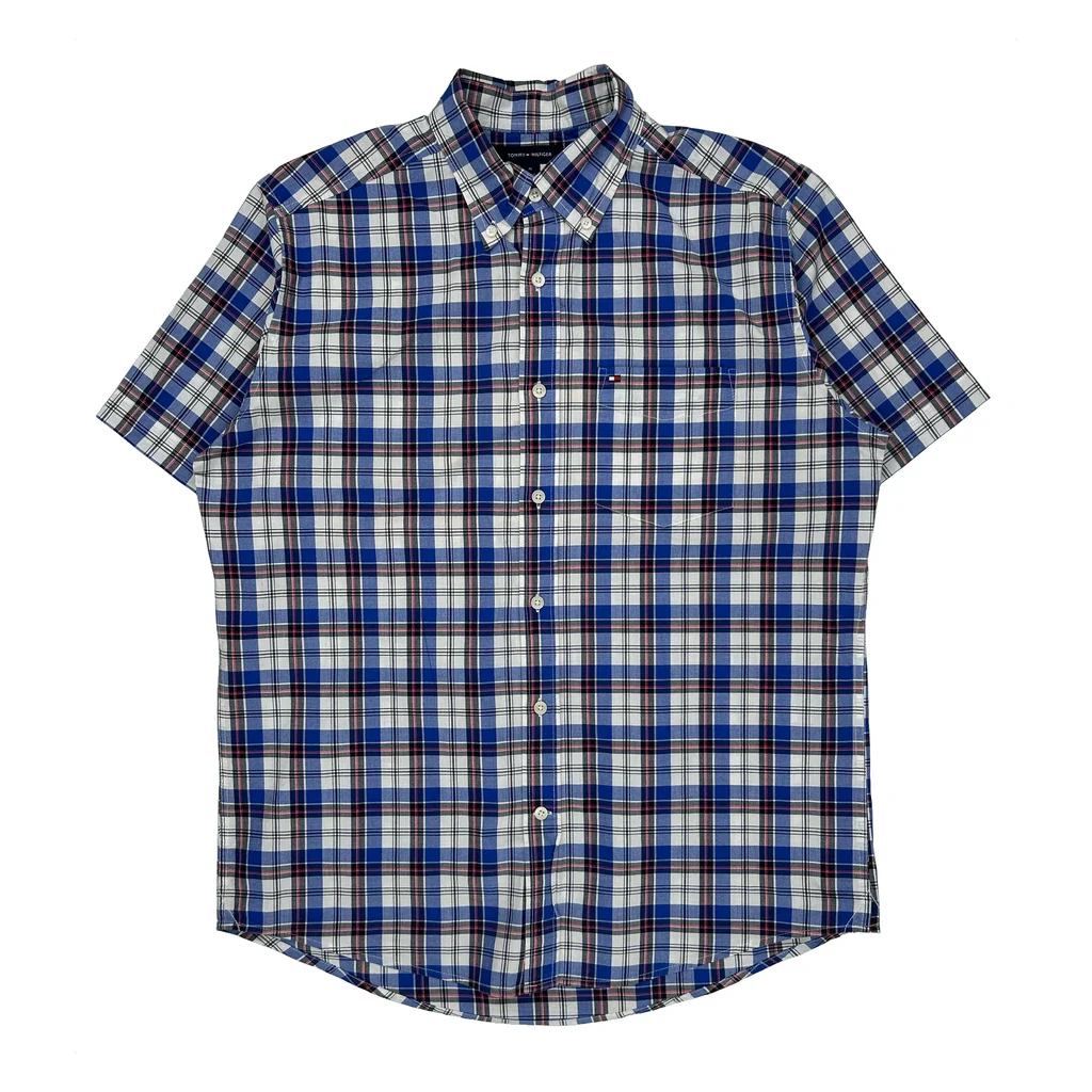 Tommy Hilfiger Checked Short Sleeve Shirt - Medium Blue Cotton