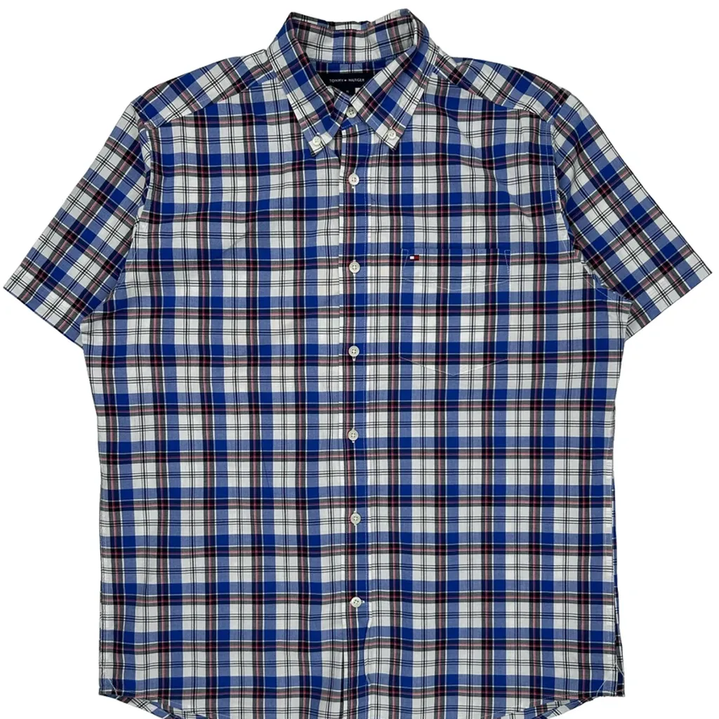 Tommy Hilfiger Checked Short Sleeve Shirt - Medium Blue Cotton - Image 4