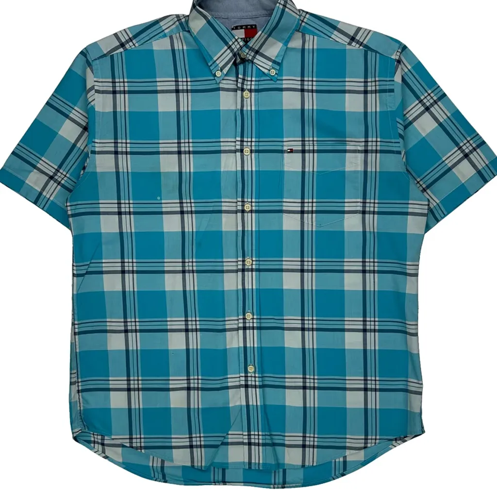 Tommy Hilfiger Checked Short Sleeve Shirt - Medium Blue Cotton - Image 5