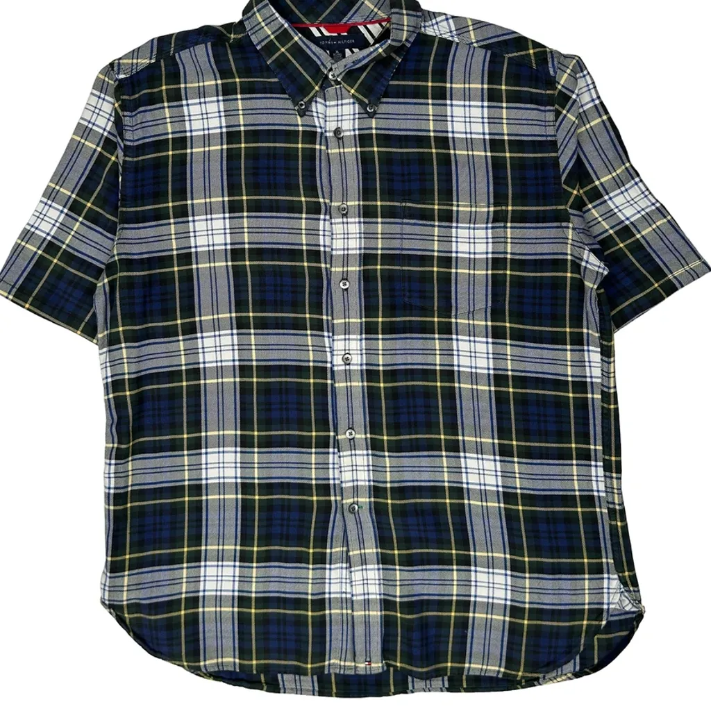 Tommy Hilfiger Checked Short Sleeve Shirt - XL Blue Cotton - Image 4