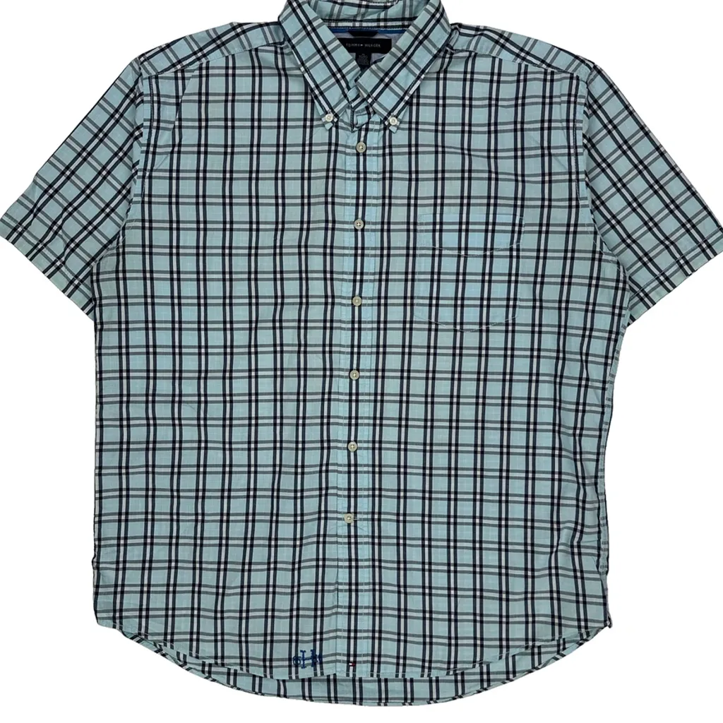 Tommy Hilfiger Checked Short Sleeve Shirt - XL Blue Cotton - Image 4