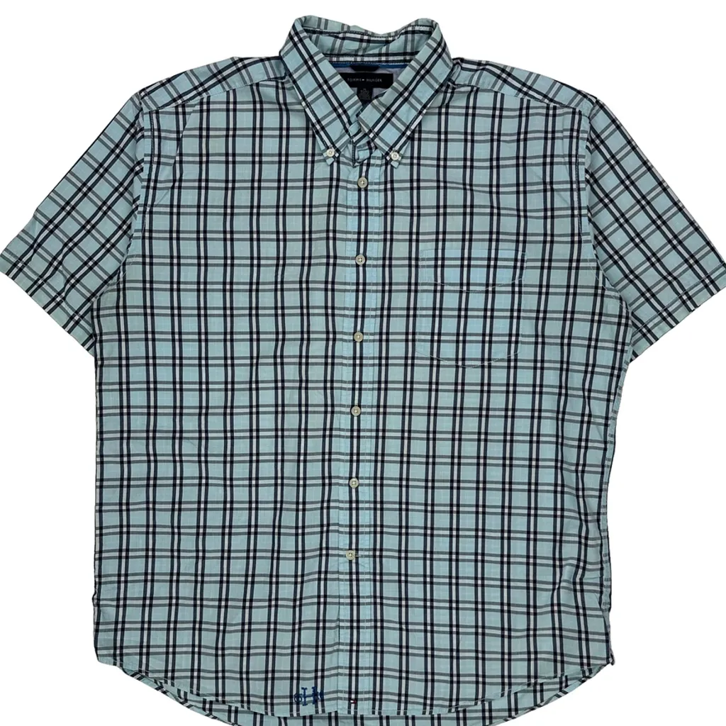 Tommy Hilfiger Checked Short Sleeve Shirt - XL Blue Cotton - Image 5