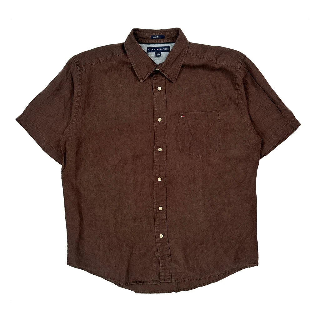 Tommy Hilfiger Short Sleeve Shirt - Large Brown Linen
