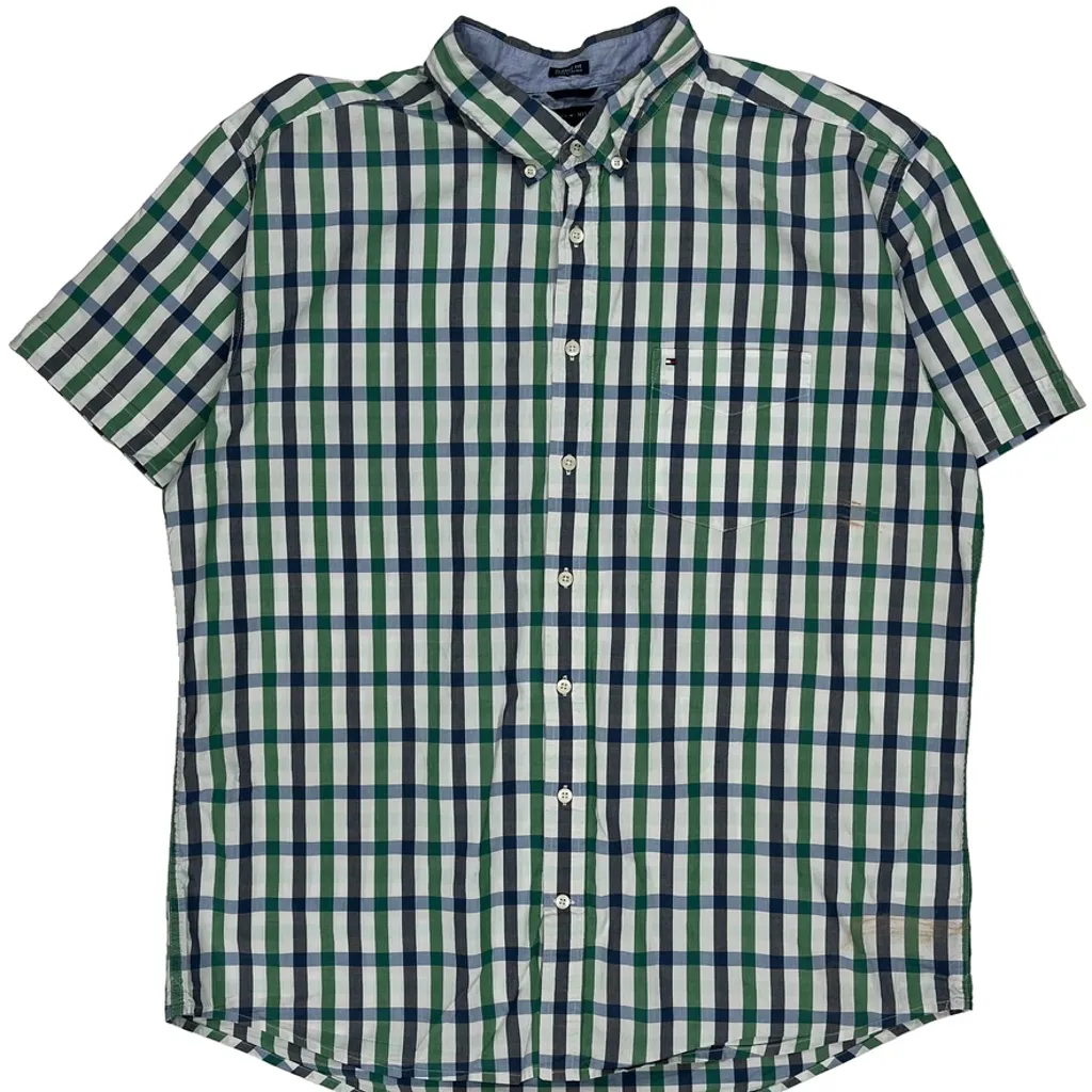 Tommy Hilfiger Checked Short Sleeve Shirt - XL Green Cotton - Image 5