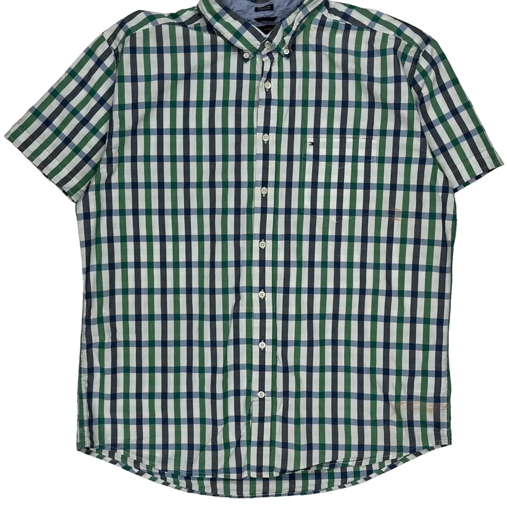 Tommy Hilfiger Checked Short Sleeve Shirt - XL Green Cotton - Image 6