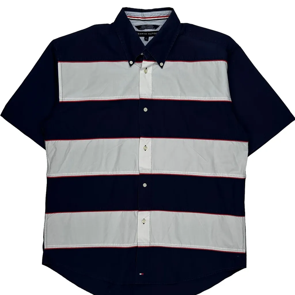 Tommy Hilfiger Striped Short Sleeve Shirt - Large Navy Cotton - Image 4